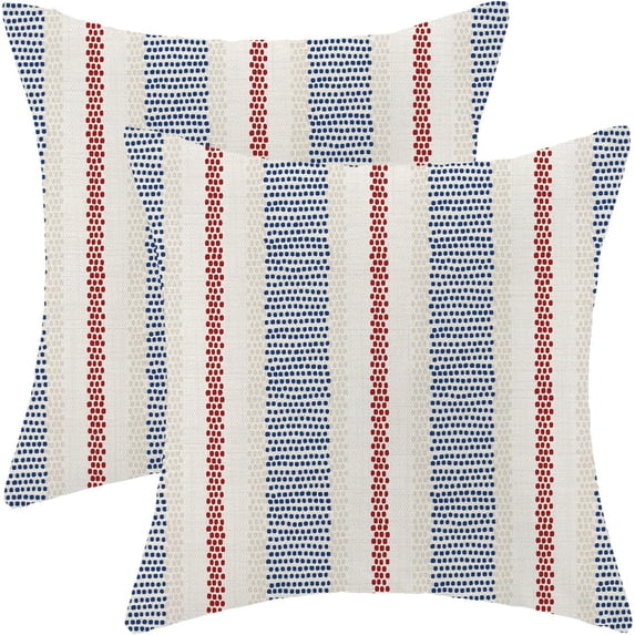 4th of July Summer Outdoor Pillow Covers 20 x 20 Inch, Blue Red Polka Dots Striped Decor Throw Pillows for Couch Bed, Boho Modern Farmhouse Decorative Pillowcase Linen Cushion Cover Set of 2