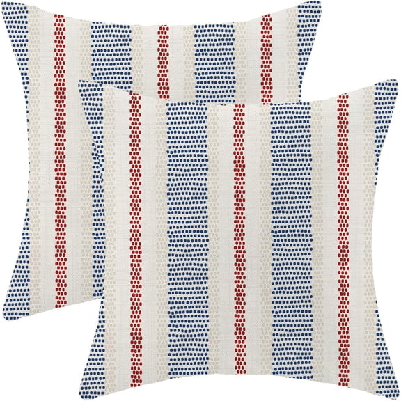 4th of July Summer Outdoor Pillow Covers 20 x 20 Inch, Blue Red Polka Dots Striped Decor Throw Pillows for Couch Bed, Boho Modern Farmhouse Decorative Pillowcase Linen Cushion Cover Set of 2