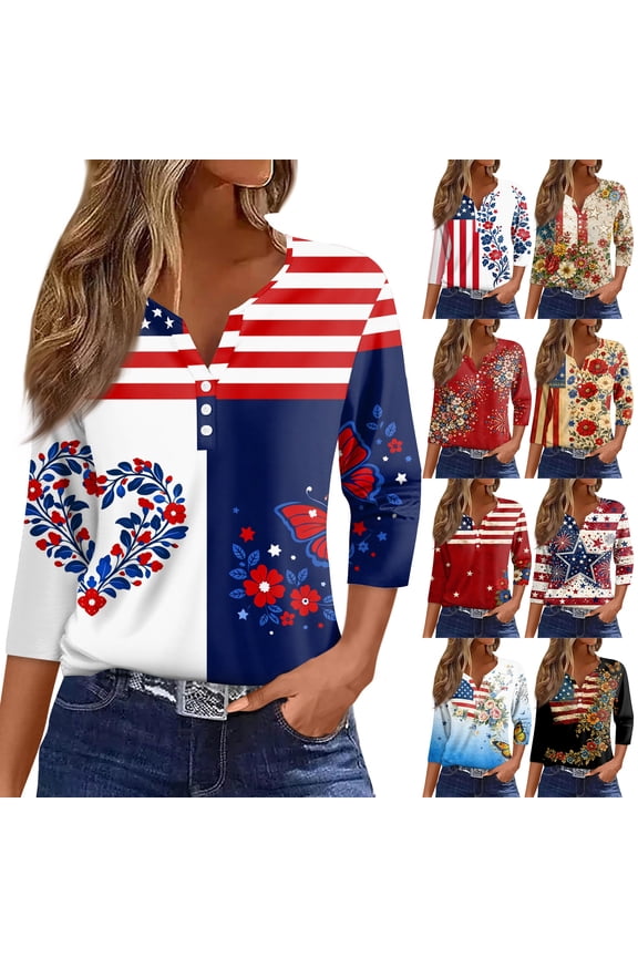 4th Of July Summer Tops for Women Patriotic 3/4 Length Sleeve Womens Tops 250 Anniversary Usa Flag Henley V Neck Button Independence Day Freedom American Flag Floral Print Graphic Outfits Red XXXL