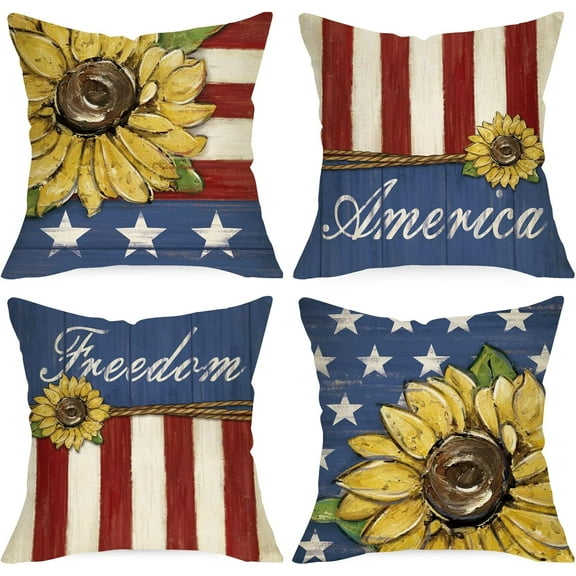 4th of July Sunflower Patriotic Decorative Throw Pillow Covers 18 x 18 Set of 4, America USA Freedom Star Stripes Spring Summer Cushion Case Decor, American Fall Autumn Farmhouse Home Decoration