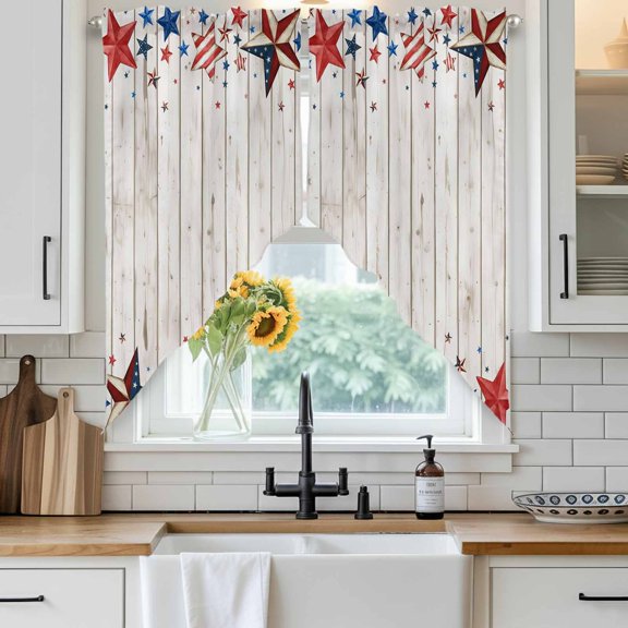 4th of July Swag Curtain Valance for Windows, Independence Day USA Flag Star Wood Grain Window Treatments Short Swag Topper for Kitchen Windows Bathroom Bedroom, 36"x36"