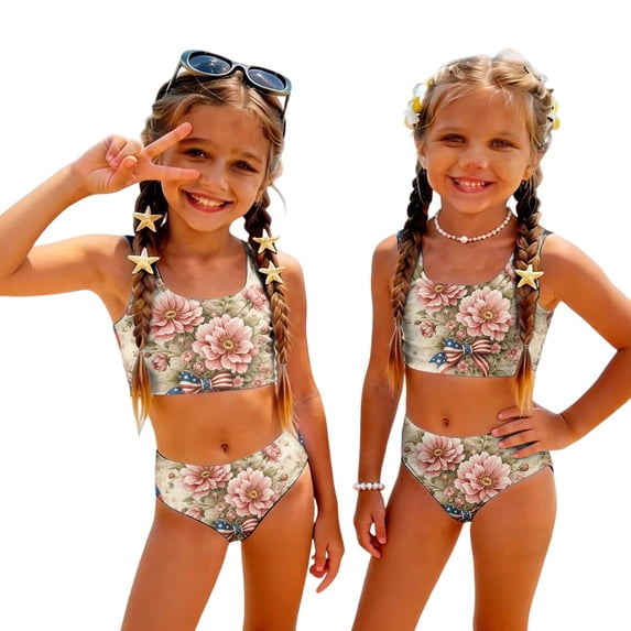 4th of July Swimsuit for Kids Girls Size 7-8 Two Piece Sets Swimming Bathing Suits Patriotic Beach Vacation American Flag Floral Print Bikinis Summer Girls Clothes Kids Swim Suit Khaki 1-2 Years