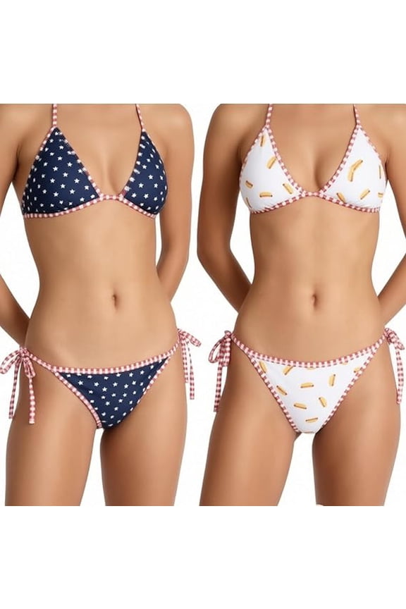 4th of July Swimsuit Womens Triangle String Bathing Suit Cute Bikini Tops Two Piece Reversible Star Striped Hotdog Print Cheeky Swimwear Patriotic Independence Day Beachwear