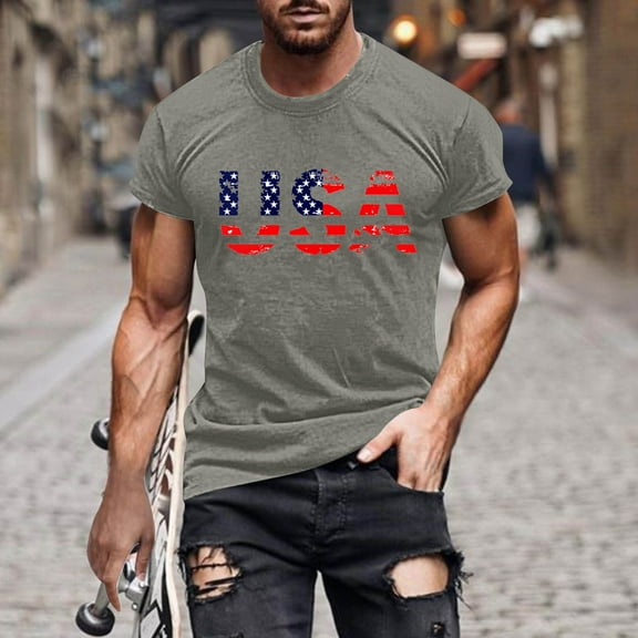 4th of July T Shirt for Men American Flag Tshirt Men Red White and Blue T Shirt Patriotic Shirts for Men Men Casual Fashion Printing Pullover Short Sleeve Round-Neck T-Shirt Top