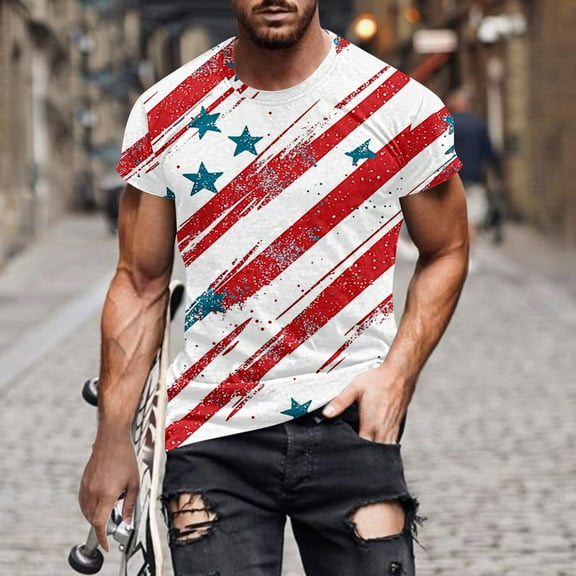 4th of July T-Shirts for Men American Flag T-Shirts for Men Independence Day Tshirt Men Patriotic Shirts for Men Men's Fashion Canadian Printing Short Sleeve Round Neck Pullover T-Shirt Top Blouses