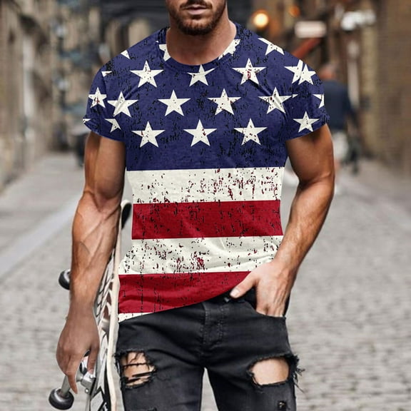 4th of July T-Shirts for Men American Flag T-Shirts for Men Independence Day Tshirt Men Patriotic Shirts for Men Men's Fashion Canadian Printing Short Sleeve Round Neck Pullover T-Shirt Top Blouses