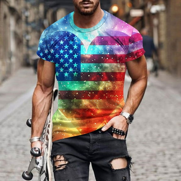 4th of July T-Shirts Men Patriotic Shirt Mens Memorial Day T Shirt Men Fourth of July Shirt Men's Independence Day Printed Round Neck Short Sleeved Tops Blouses