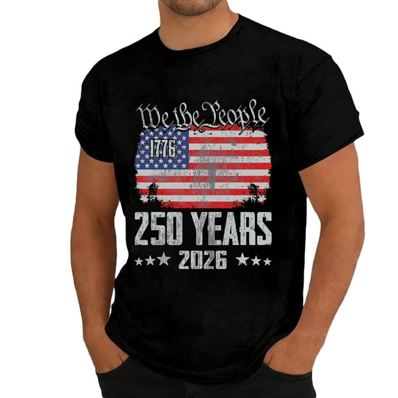 4th of July T Shirts for Men's 250th Anniversary Patriotic Graphic T Shirt Independence Day Commemorative Print Short Sleeve Casual Tee For Anniversary Celebration Comfortable Fit Black 3XL