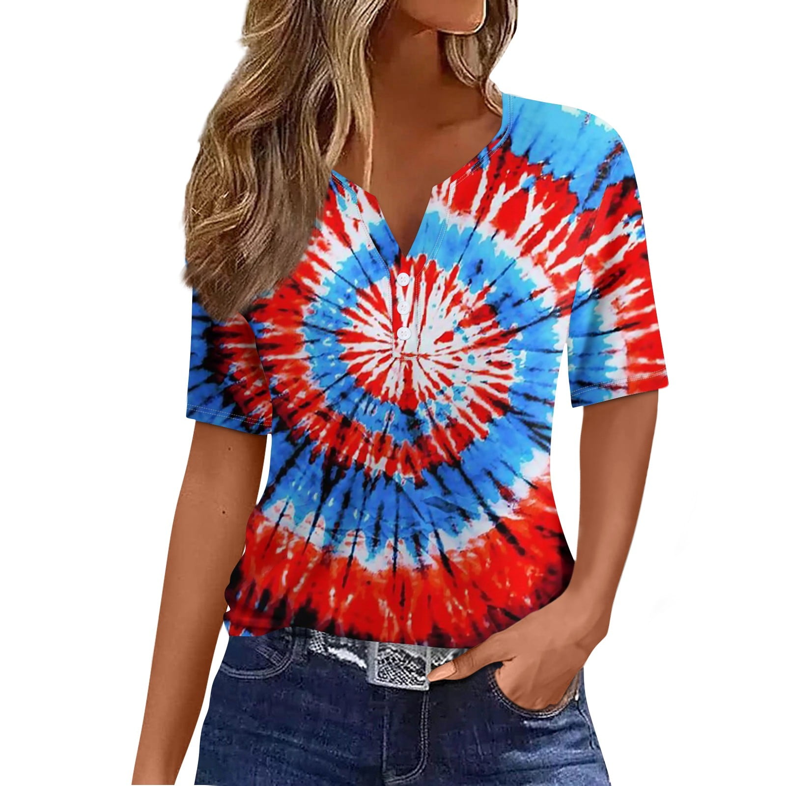 4th of July TShirts for Women Summer Sexy Stripe Printed Henley Elbow