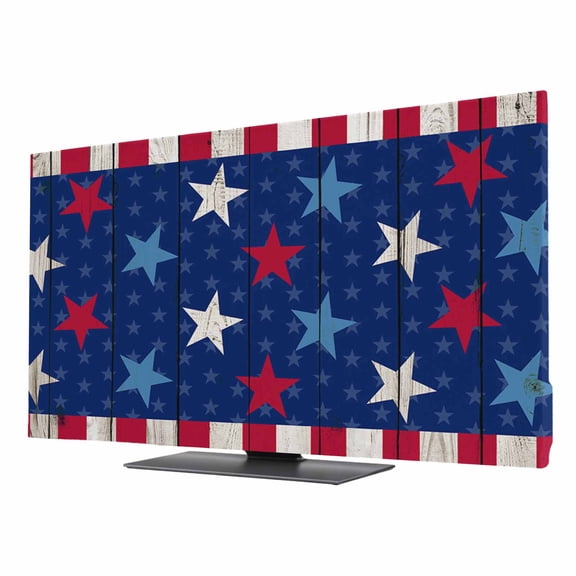 4th of July TV Cover for 24 Inch Screen, Stretch Fabric Dustproof TV Display Protector, Star Red Stripes Wood Independence Day Elastic Slipcover Monitor Cover for Indoor Desktop Computer 20.9"x11.8"
