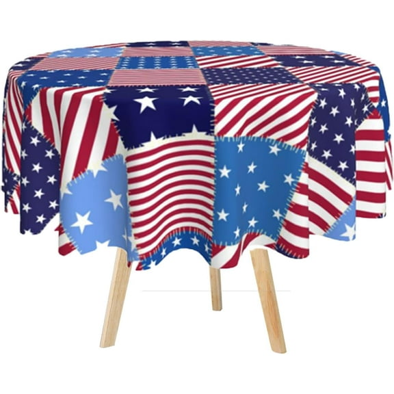 4th of July Table Cloth 60Inch, Patriotic Round Red Tablecloth, American FLag Tablecloth for Independence Day Memorial Day Decorations, Polyester Rable Cover for Party Picnic Dinner Outdoor