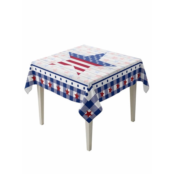 4th of July Table Cloth, American Flag Star on Wood Blue Checkered Waterproof Tablecloth for Square Tables, Reusable Washable Fabric Table Cover for Restaurant Kitchen Dining Tables 60"x60"