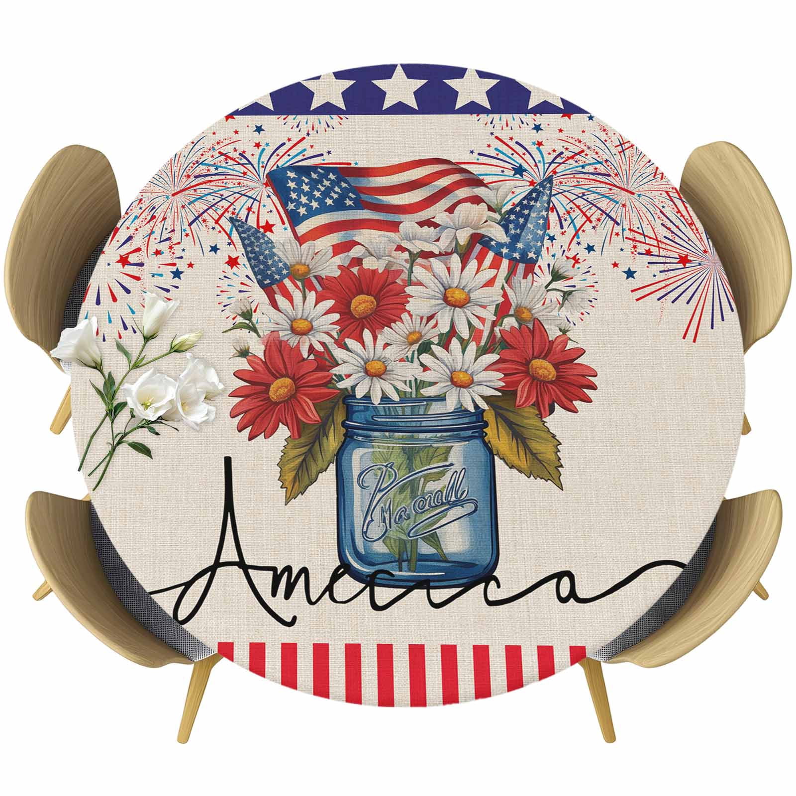 4th of July Table Cloth, Round Fitted Tablecloths with Elastic Edge ...
