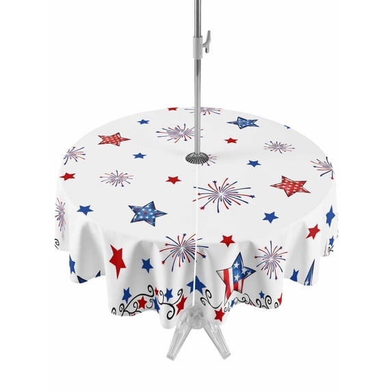 4th of July Table Cloth Round Tablecloth, Independence Day Blue Red Star Firework Waterproof Wrinkleproof Table Cover with Umbrella Hole and Zipper for Party/Dining/Patio/Wedding 60 Inch