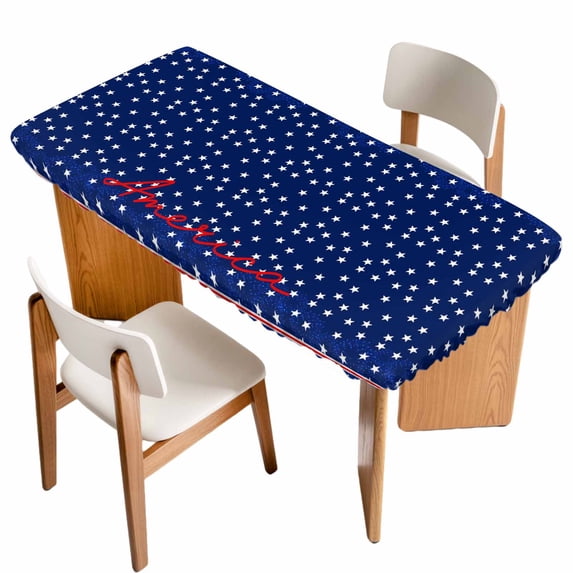 4th of July Table Cloths for 3 Foot Rectangle Tables, Independence Day American Patriotic Stars Blue Patio Waterproof Elastic Fitted Tablecloths, Washable Rectangular Table Cover for Camping