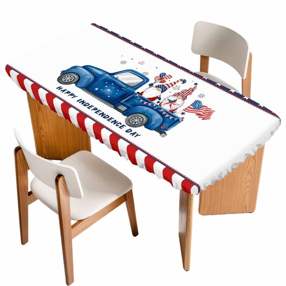 4th of July Table Cloths for 6 Foot Rectangle Tables, Flag Day Gnomes Truck Star Flag Firework Patio Waterproof Elastic Fitted Tablecloths, Washable Rectangular Table Cover for Camping