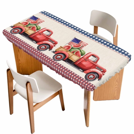 4th of July Table Cloths for 6 Foot Rectangle Tables, Red Truck Watermelon Patriotic Star USA Flag Patio Waterproof Elastic Fitted Tablecloths, Washable Rectangular Table Cover for Camping