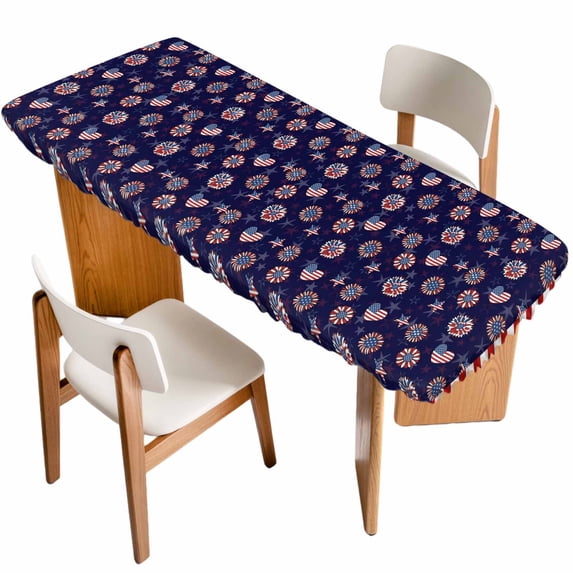 4th of July Table Cloths for 8 Foot Rectangle Tables, Navy US Flag Independence Day Stars Red Stripes Patio Waterproof Elastic Fitted Tablecloths, Washable Rectangular Table Cover for Camping