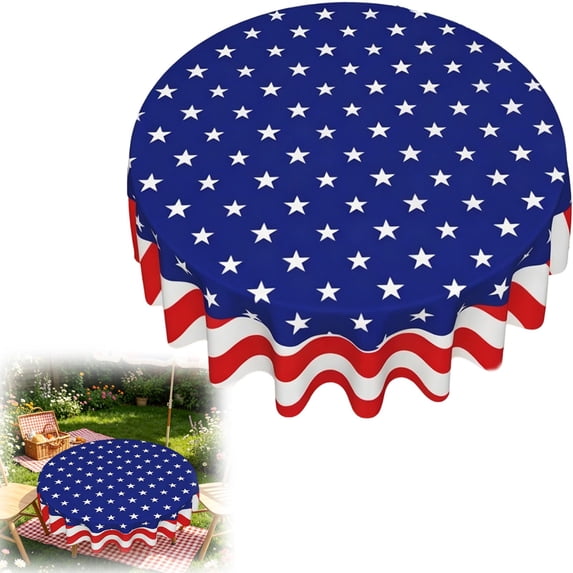 4th of July Table Cover Round Tablecloth 60 Inch America Memorial Day 250 Years of Freedom 1776-2026 Patriotic Circular Table Cloth Machine Washable Waterproof Fabric(E)