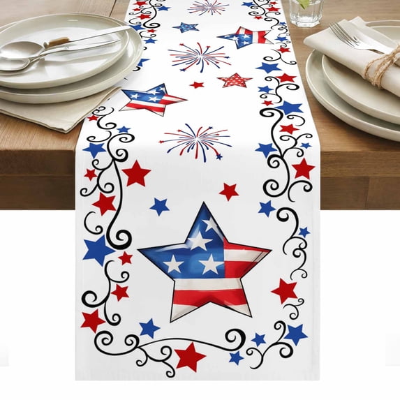 4th of July Table Runner - 108 Inch Long, Kitchen Dining Table Runner Dresser Scarves, Independence Day Blue Red Star Firework Farmhouse Decor for Coffee Tables Wedding Party Banquet