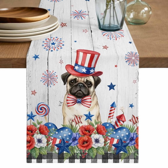 4th of July Table Runner 108 Inches, Independence Day Patriotic Flowers Dogs Grey Bed Runner Dresser Scarves Tabletop for Indoor Outdoor Parties/Ceremony/Banquet, 13"x 108"