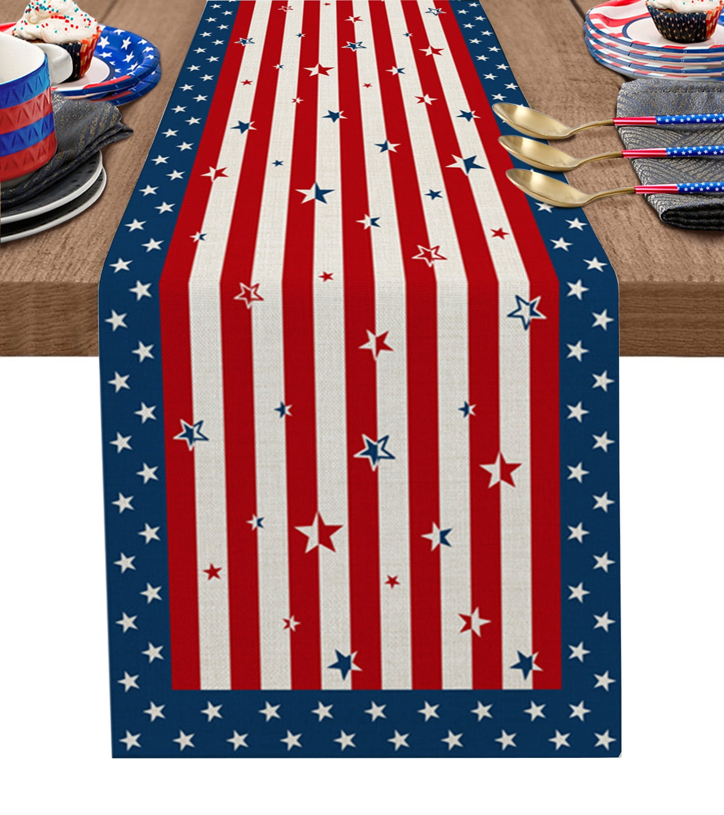 LooPoP Independence Day Table Runner - 120 Inch Cotton Linen Patriotic Flag Decor For Dining Table
