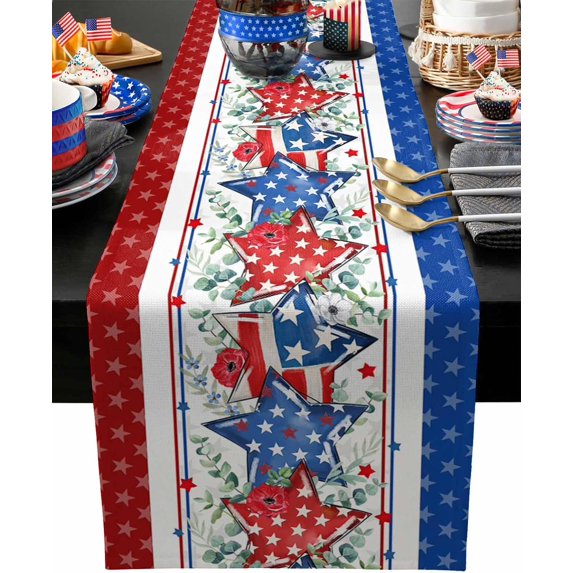 4th of July Table Runner 13.8x90 Inches Long Patriotic Stars Runner for Table Poppy Independence Day Table Runners Washable Dresser Scarf for Kitchen Coffee Dining Memorial Day Holiday Party Decor