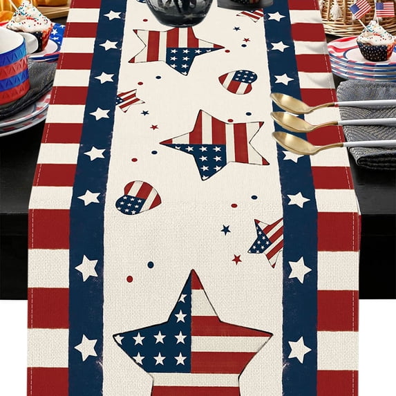 4th of July Table Runner 13 X 72 Inches Patriotic Memorial Day Independence Day American Flag Table Runners for Farmhouse Kitchen Dining Holiday Birthday Party Supplies Decor
