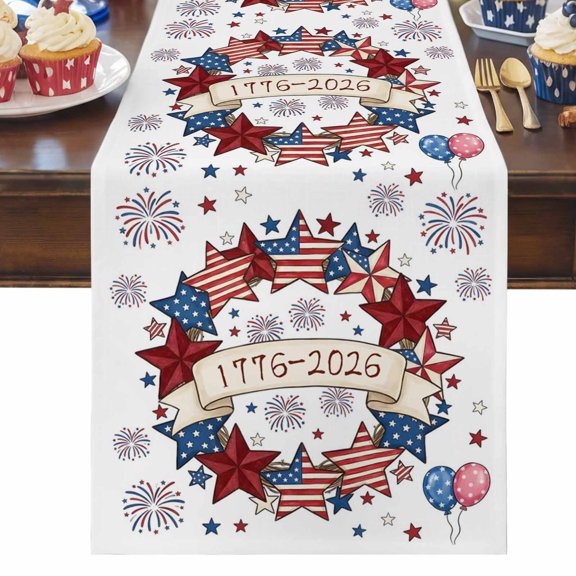 4th of July Table Runner 250th Star Wreath Table Runners Patriotic Fireworks Balloon Cotton Linen Dresser Scarf Kitchen Dining Table Decor for Independence Day Memorial Day Party Decor 13x36 Inch