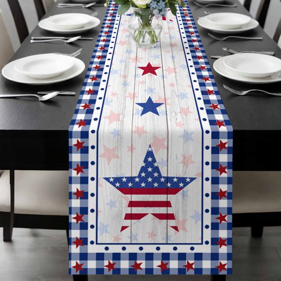 4th of July Table Runner 48 Inches Long, American Flag Star on Wood Blue Checkered Kitchen Coffee Dining Table Decoration for Home Party Birthday Wedding Home Decor 13x48 Inches