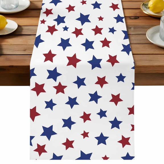 4th of July Table Runner 60 Inch Long Dresser Scarves Linen Tablerunners Blue Red Star Patriotic Geometric Dining Kitchen Burlap Table Setting Decor for Wedding Party Holiday Coffee Home, 13"x60"