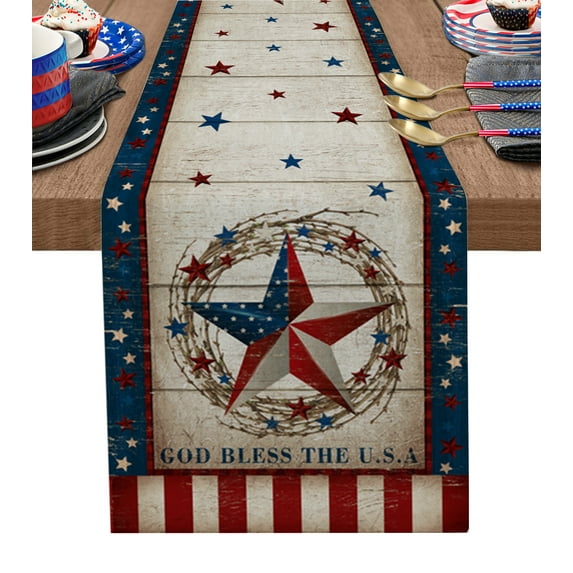 4th of July Table Runner 60 Inches, Counrty Star on Wood Independence Day Bed Runner Dresser Scarves Tabletop for Indoor Outdoor Parties/Ceremony/Banquet, 13" x 60"