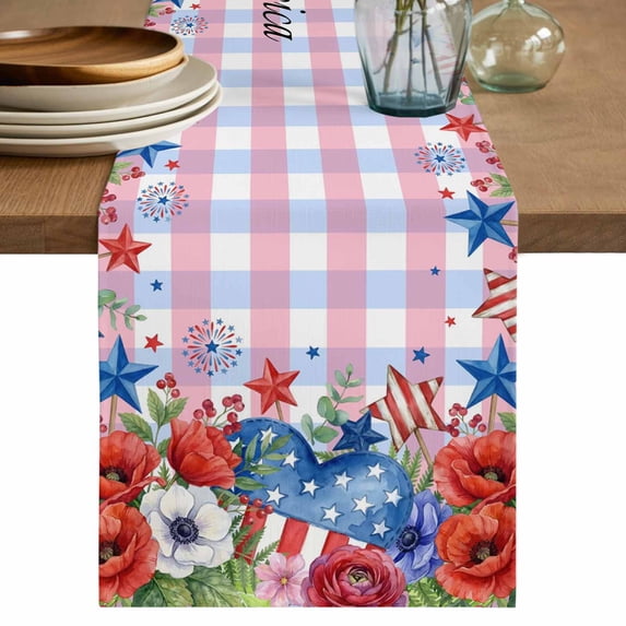 4th of July Table Runner 70 Inches, Independence Day Floral Checkered Stars Bed Runner Dresser Scarves Tabletop for Indoor Outdoor Parties/Ceremony/Banquet, 13" x 70"