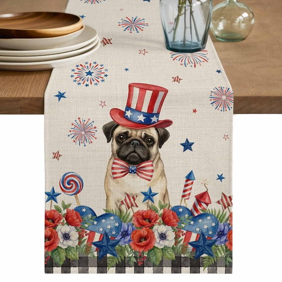 4th of July Table Runner 70 Inches, Independence Day Patriotic Flowers Dogs Beige Bed Runner Dresser Scarves Tabletop for Indoor Outdoor Parties/Ceremony/Banquet, 13" x 70"