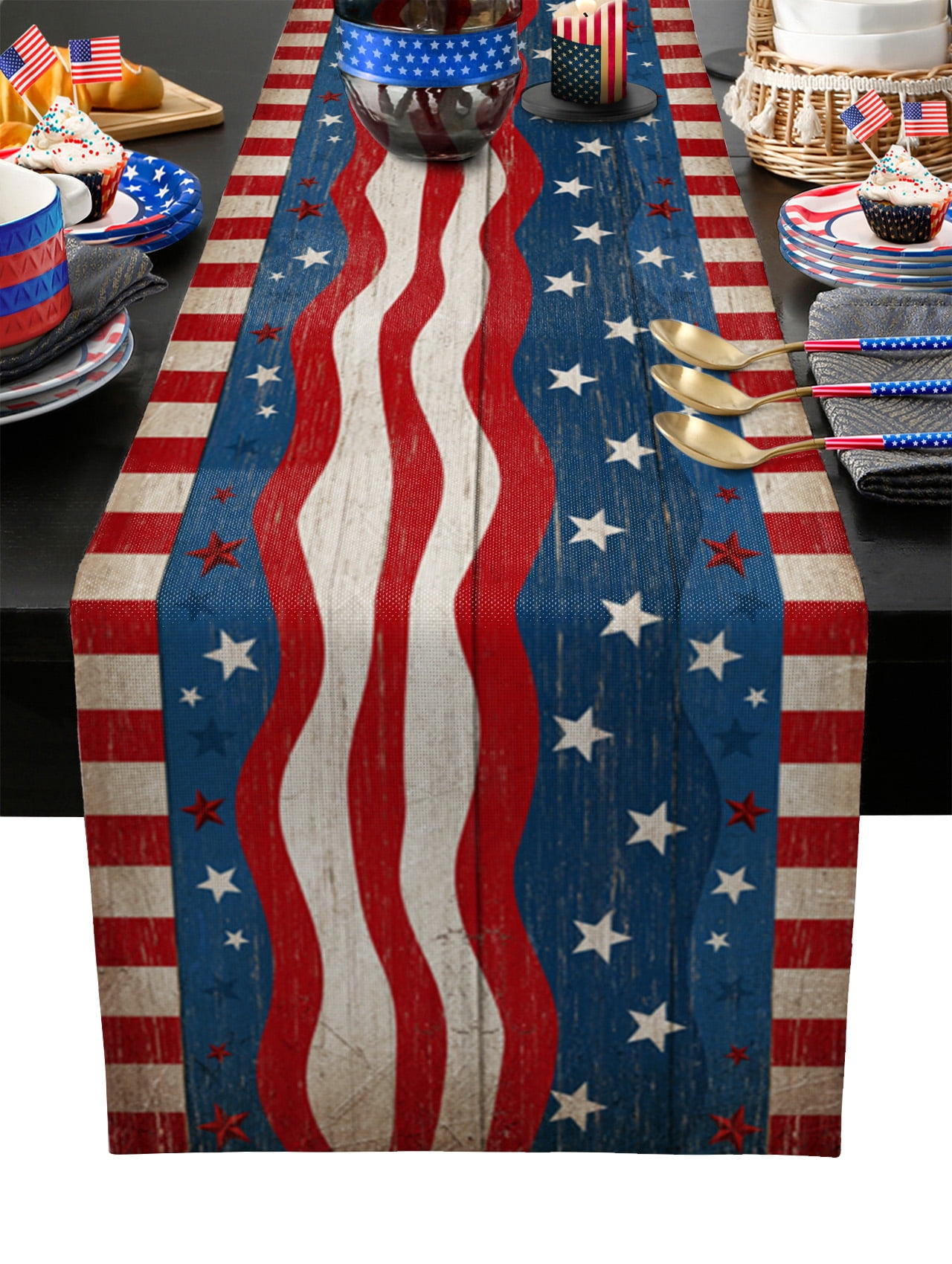 4th of July Table Runner 72 Inches, American Flag Wave Patriotic Star ...