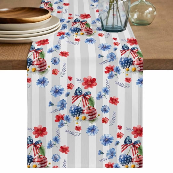 4th of July Table Runner 72 Inches, Independence Day Floral Grey Striped Bed Runner Dresser Scarves Tabletop for Indoor Outdoor Parties/Ceremony/Banquet, 14" x 72"
