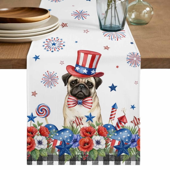 4th of July Table Runner 72 Inches, Independence Day Patriotic Flowers Dogs Bed Runner Dresser Scarves Tabletop for Indoor Outdoor Parties/Ceremony/Banquet, 14" x 72"
