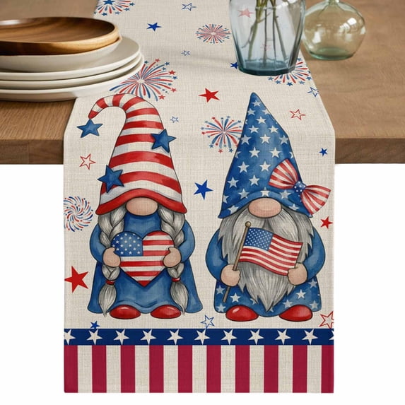 4th of July Table Runner 72 Inches, USA Flag Gnomes Independence Day Rustic Bed Runner Dresser Scarves Tabletop for Indoor Outdoor Parties/Ceremony/Banquet, 14" x 72"