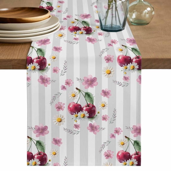 4th of July Table Runner 90 Inches, Independence Day Pink Floral Grey Striped Bed Runner Dresser Scarves Tabletop for Indoor Outdoor Parties/Ceremony/Banquet, 13" x 90"