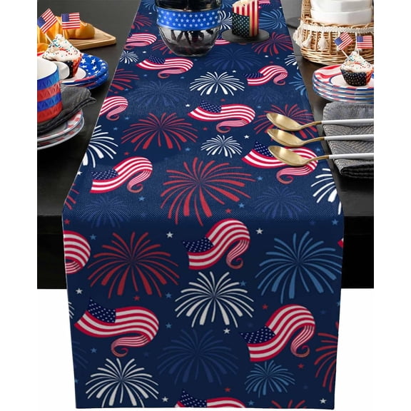 4th of July Table Runner American Flag Firework Table Runners Independence Day Star Stripes Red Blue White Cotton Linen Dresser Scarf Kitchen Dining Table Decor for Memorial Day Holiday 13x36 Inch