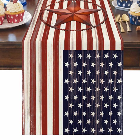 4th of July Table Runner American Flag Stars Stripe Table Runners Rustic Retro Wooden Cotton Linen Dresser Scarf Kitchen Dining Table Decor for Independence Day Memorial Day Party Decor 13x90 Inch