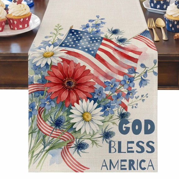 4th of July Table Runner American Flag Table Runners Daisy God Bless America Cotton Linen Dresser Scarf Kitchen Dining Table Decor for Independence Day Memorial Day Party Decor 13x36 Inch