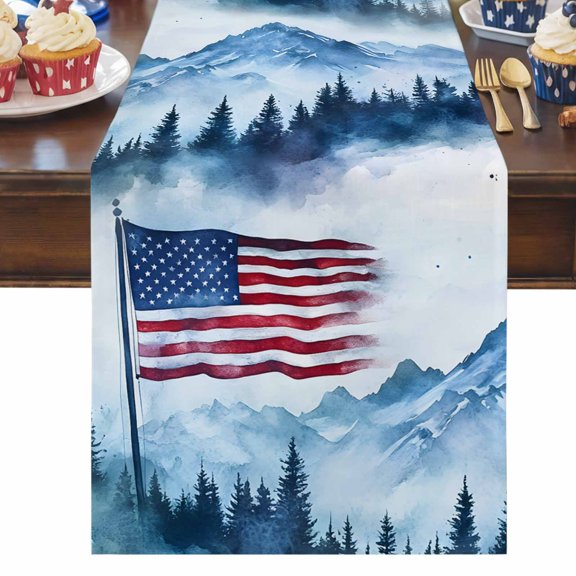 4th of July Table Runner American Flag Table Runners Mountain Forest Cotton Linen Dresser Scarf Kitchen Dining Table Decor for Independence Day Memorial Day Party Decor 13x36 Inch