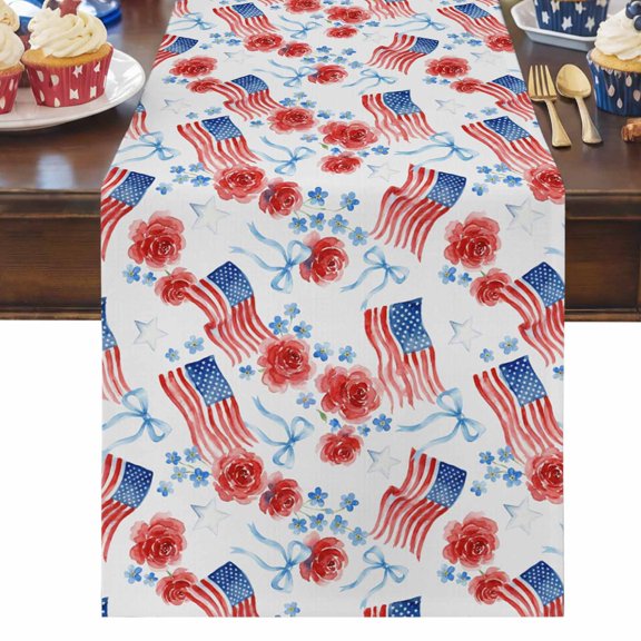 4th of July Table Runner American Flag Table Runners Patriotic Star Bow Tie USA Flag Cotton Linen Dresser Scarf Kitchen Dining Table Decor for Independence Day Memorial Day Party Decor 13x36 Inch