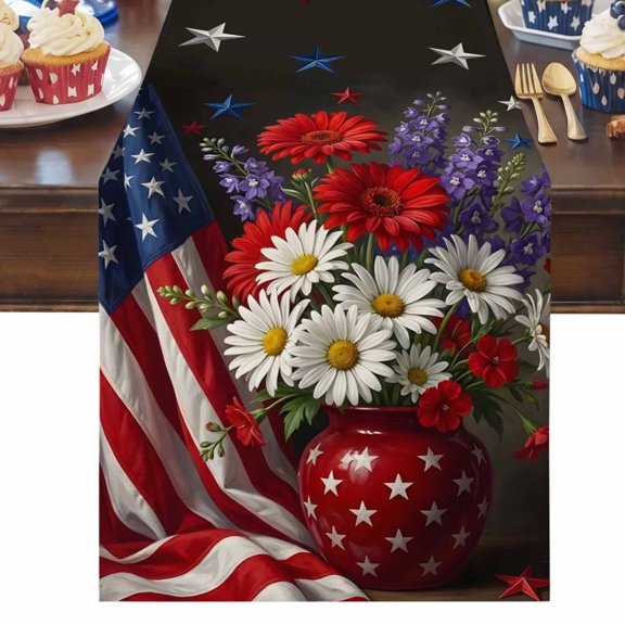 4th of July Table Runner American Flag Table Runners Patriotic Star Daisy Vase Cotton Linen Dresser Scarf Kitchen Dining Table Decor for Independence Day Memorial Day Party Decor 13x36 Inch