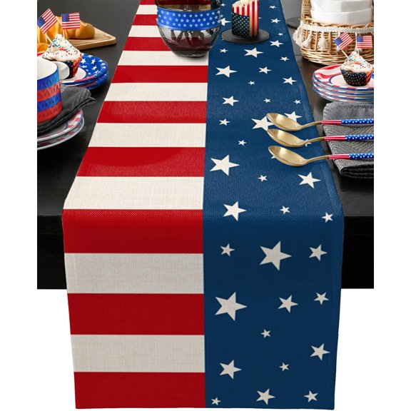 4th of July Table Runner American Stars Flag Table Runners Independence Day Stripes Patriotic Cotton Linen Dresser Scarf Kitchen Dining Table Decor for Memorial Day July 4th Holiday Party 13x36 Inch