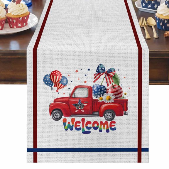 4th of July Table Runner Bow Tie Cherry Truck Table Runners Patriotic Star Daisy Balloon Cotton Linen Dresser Scarf Kitchen Dining Table Decor for Independence Day Memorial Day Party 13x36 Inch