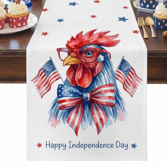 4th of July Table Runner Bow Tie Rooster Table Runners Patriotic Star American Flag Cotton Linen Dresser Scarf Kitchen Dining Table Decor for Independence Day Memorial Day Party Decor 13x36 Inch