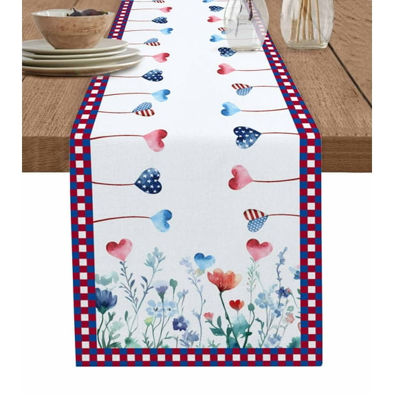 4th of July Table Runner Cotton Linen 108 Inch Holiday Dresser Scarves, Spring Floral Love Heart Independence Day Tablerunner for Kitchen Coffee Dining Bedroom Dinner Scarf Décor 13''x108''