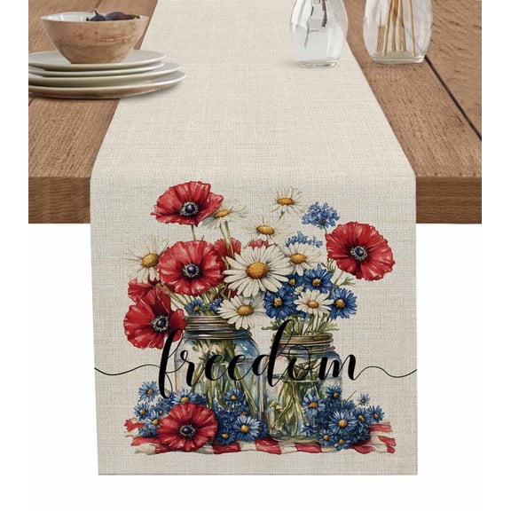 4th of July Table Runner Cotton Linen 120 Inch Holiday Dresser Scarves, Red Floral Blue Botanical Independence Day Tablerunner for Kitchen Coffee Dining Bedroom Dinner Scarf Décor 13''x120''